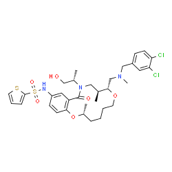 ChemSpider 2D Image | N-{(2R,8R,9S)-8-{[(3,4-Dichlorobenzyl)(methyl)amino]methyl}-11-[(2S)-1-hydroxy-2-propanyl]-2,9-dimethyl-12-oxo-3,4,5,6,9,10,11,12-octahydro-2H,8H-1,7,11-benzodioxazacyclotetradecin-14-yl}-2-thiophenes
ulfonamide | C33H43Cl2N3O6S2