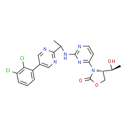 ChemSpider 2D Image | (4S)-3-[2-({1-[5-(2,3-Dichlorophenyl)-2-pyrimidinyl]ethyl}amino)-4-pyrimidinyl]-4-[(1S)-1-hydroxyethyl]-1,3-oxazolidin-2-one | C21H20Cl2N6O3