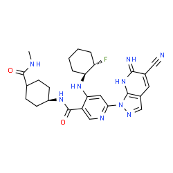 ChemSpider 2D Image | 6-(5-Cyano-6-imino-6,7-dihydro-1H-pyrazolo[3,4-b]pyridin-1-yl)-4-{[(1S,2S)-2-fluorocyclohexyl]amino}-N-[4-(methylcarbamoyl)cyclohexyl]nicotinamide | C27H32FN9O2