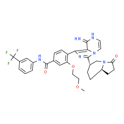 ChemSpider 2D Image | 4-{8-Imino-3-[(6S,8aR)-3-oxooctahydro-6-indolizinyl]-7,8-dihydroimidazo[1,5-a]pyrazin-1-yl}-3-(2-methoxyethoxy)-N-[3-(trifluoromethyl)phenyl]benzamide | C31H31F3N6O4