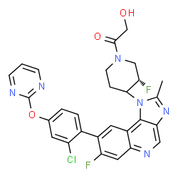 ChemSpider 2D Image | 1-[(3S)-4-{8-[2-Chloro-4-(2-pyrimidinyloxy)phenyl]-7-fluoro-2-methyl-1H-imidazo[4,5-c]quinolin-1-yl}-3-fluoro-1-piperidinyl]-2-hydroxyethanone | C28H23ClF2N6O3