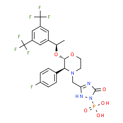 ChemSpider 2D Image | (3-{[(2S,3S)-2-{(1R)-1-[3,5-Bis(trifluoromethyl)phenyl]ethoxy}-3-(4-fluorophenyl)-4-morpholinyl]methyl}-5-oxo-2,5-dihydro-1H-1,2,4-triazol-1-yl)phosphonic acid | C23H22F7N4O6P