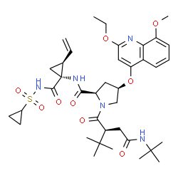 ChemSpider 2D Image | (4R)-N-{(1R,2S)-1-[(Cyclopropylsulfonyl)carbamoyl]-2-vinylcyclopropyl}-1-[(2S)-3,3-dimethyl-2-{2-[(2-methyl-2-propanyl)amino]-2-oxoethyl}butanoyl]-4-[(2-ethoxy-8-methoxy-4-quinolinyl)oxy]-D-prolinamid
e | C38H53N5O9S