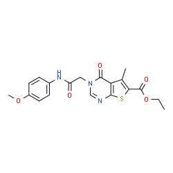 ChemSpider 2D Image | Ethyl 3-{2-[(4-methoxyphenyl)amino]-2-oxoethyl}-5-methyl-4-oxo-3,4-dihydrothieno[2,3-d]pyrimidine-6-carboxylate | C19H19N3O5S