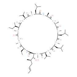 ChemSpider 2D Image | (3S,6S,9S,12R,15S,18S,21S,24S,30S,33S)-24-[(2R)-2-Butanyl]-30-ethyl-33-[(1R,2R,4E)-1-hydroxy-2-methyl-4-hexen-1-yl]-6,9,18-triisobutyl-3,21-diisopropyl-1,4,7,10,12,15,19,25,28-nonamethyl-1,4,7,10,13,1
6,19,22,25,28,31-undecaazacyclotritriacontane-2,5,8,11,14,17,20,23,26,29,32-undecone | C62H111N11O12