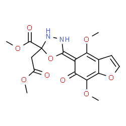 ChemSpider 2D Image | Methyl (5Z)-5-(4,7-dimethoxy-6-oxo-1-benzofuran-5(6H)-ylidene)-2-(2-methoxy-2-oxoethyl)-1,3,4-oxadiazolidine-2-carboxylate | C17H18N2O9