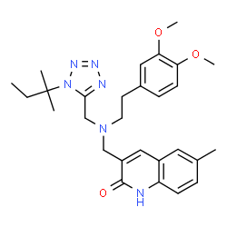 ChemSpider 2D Image | 3-[([2-(3,4-Dimethoxyphenyl)ethyl]{[1-(2-methyl-2-butanyl)-1H-tetrazol-5-yl]methyl}amino)methyl]-6-methyl-2(1H)-quinolinone | C28H36N6O3