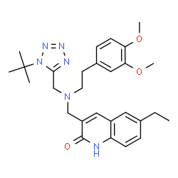ChemSpider 2D Image | 3-[([2-(3,4-Dimethoxyphenyl)ethyl]{[1-(2-methyl-2-propanyl)-1H-tetrazol-5-yl]methyl}amino)methyl]-6-ethyl-2(1H)-quinolinone | C28H36N6O3
