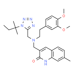 ChemSpider 2D Image | 3-[([2-(3,4-Dimethoxyphenyl)ethyl]{[1-(2-methyl-2-butanyl)-1H-tetrazol-5-yl]methyl}amino)methyl]-7-methyl-2(1H)-quinolinone | C28H36N6O3
