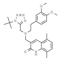 ChemSpider 2D Image | 3-[([2-(3,4-Dimethoxyphenyl)ethyl]{[1-(2-methyl-2-propanyl)-1H-tetrazol-5-yl]methyl}amino)methyl]-5,8-dimethyl-2(1H)-quinolinone | C28H36N6O3