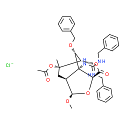 ChemSpider 2D Image | (E)-{[(1S,4S,6R,7S,8R,9S,10S)-10-Acetoxy-9-(benzyloxy)-6-methoxy-10-methyl-3-oxo-2,5-dioxatricyclo[5.2.2.0~4,8~]undec-8-yl]amino}-N-benzyl(benzylamino)methaniminium chloride | C35H40ClN3O7