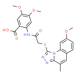 ChemSpider 2D Image | 4,5-Dimethoxy-2-({[(8-methoxy-4-methyl[1,2,4]triazolo[4,3-a]quinolin-1-yl)sulfanyl]acetyl}amino)benzoic acid | C23H22N4O6S