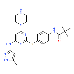 ChemSpider 2D Image | 2,2-Dimethyl-N-[4-({4-[(5-methyl-1H-pyrazol-3-yl)amino]-6-(1-piperazinyl)-2-pyrimidinyl}sulfanyl)phenyl]propanamide | C23H30N8OS