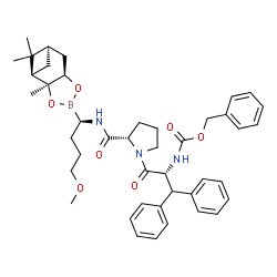 ChemSpider 2D Image | N-[(Benzyloxy)carbonyl]-beta-phenyl-D-phenylalanyl-N-{(1R)-4-methoxy-1-[(1R,2S,6R,8R)-2,9,9-trimethyl-3,5-dioxa-4-boratricyclo[6.1.1.0~2,6~]dec-4-yl]butyl}-L-prolinamide | C43H54BN3O7