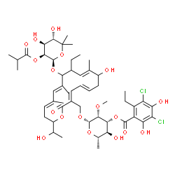 ChemSpider 2D Image | (2S,3R,4R,5S,6S)-2-{[(3E,5E,9E,13E,15E)-12-{[(2R,3S,4S,5S)-4,5-Dihydroxy-3-(isobutyryloxy)-6,6-dimethyltetrahydro-2H-pyran-2-yl]oxy}-11-ethyl-8-hydroxy-18-(1-hydroxyethyl)-9,13,15-trimethyl-2-oxooxacy
clooctadeca-3,5,9,13,15-pentaen-3-yl]methoxy}-5-hydroxy-3-methoxy-6-methyltetrahydro-2H-pyran-4-yl 3,5-dichloro-2-ethyl-4,6-dihydroxybenzoate | C52H74Cl2O18