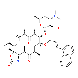 ChemSpider 2D Image | (3aS,4R,7R,9R,10R,11R,13R,15R,15aR)-4-ethyl-3a,7,9,11,13,15-hexamethyl-2,6,8,14-tetraoxo-11-{[(2E)-3-(quinolin-8-yl)prop-2-en-1-yl]oxy}tetradecahydro-2H-oxacyclotetradecino[4,3-d][1,3]oxazol-10-yl 3,4,6-trideoxy-3-(dimethylamino)-beta-D-xylo-hexopyranoside | C42H59N3O10