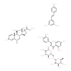ChemSpider 2D Image | (6S,8S,9S,10R,11S,13S,14S,17R)-11,17-dihydroxy-17-(2-hydroxyacetyl)-6,10,13-trimethyl-7,8,9,11,12,14,15,16-octahydro-6H-cyclopenta[a]phenanthren-3-one; 2-(3,4-dihydroxyphenyl)-5,7-dihydroxy-3-[(2S,3R,4S,5S,6R)-3,4,5-trihydroxy-6-[[(2R,3R,4R,5R,6S)-3,4,5-trihydroxy-6-methyl-tetrahydropyran-2-yl]oxymethyl]tetrahydropyran-2-yl]oxy-chromen-4-one; 5-[(E)-2-(4-hydroxyphenyl)vinyl]benzene-1,3-diol | C63H72O24