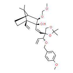 ChemSpider 2D Image | 4,5-Dideoxy-2-C-{(Z)-2-[(1S,2S,3R,4S)-2-hydroxy-3-(methoxymethoxy)-7,7-dimethyl-1-vinylbicyclo[2.2.1]hept-2-yl]vinyl}-1,2-O-isopropylidene-3-O-(4-methoxybenzyl)-D-erythro-pent-4-enitol | C31H44O7