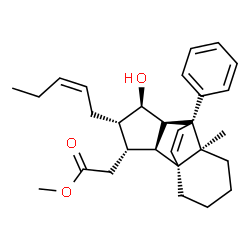 ChemSpider 2D Image | Methyl {(1S,2S,3S,4S,5R,6R,7R,8S)-5-hydroxy-8-methyl-4-[(2Z)-2-penten-1-yl]-7-phenyltetracyclo[5.5.2.0~1,8~.0~2,6~]tetradec-13-en-3-yl}acetate | C29H38O3