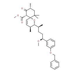 ChemSpider 2D Image | Methyl (2R,3S,6R,7S,9R)-2-{(2S,5S)-5-[3-(benzyloxy)phenyl]-5-methoxy-2-pentanyl}-3,9,11,11-tetramethyl-8-oxo-1-oxaspiro[5.5]undec-4-ene-7-carboxylate | C35H46O6