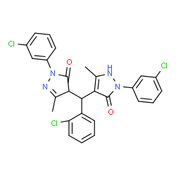 ChemSpider 2D Image | 2-(3-Chlorophenyl)-4-{(2-chlorophenyl)[1-(3-chlorophenyl)-3-methyl-5-oxo-4,5-dihydro-1H-pyrazol-4-yl]methyl}-5-methyl-1,2-dihydro-3H-pyrazol-3-one | C27H21Cl3N4O2