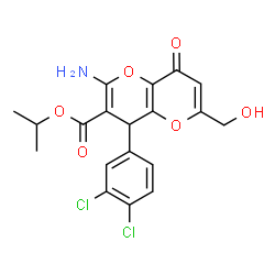 ChemSpider 2D Image | Isopropyl 2-amino-4-(3,4-dichlorophenyl)-6-(hydroxymethyl)-8-oxo-4,8-dihydropyrano[3,2-b]pyran-3-carboxylate | C19H17Cl2NO6