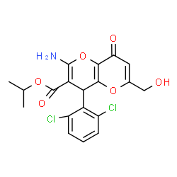 ChemSpider 2D Image | Isopropyl 2-amino-4-(2,6-dichlorophenyl)-6-(hydroxymethyl)-8-oxo-4,8-dihydropyrano[3,2-b]pyran-3-carboxylate | C19H17Cl2NO6