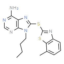 ChemSpider 2D Image | 9-Butyl-8-[(7-methyl-1,3-benzothiazol-2-yl)sulfanyl]-9H-purin-6-amine | C17H18N6S2