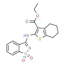 ChemSpider 2D Image | benzo[b]thiophene-3-carboxylic acid, 2-[(1,1-dioxido-1,2-benzisothiazol-3-yl)amino]-4,5,6,7-tetrahydro-, ethyl ester | C18H18N2O4S2