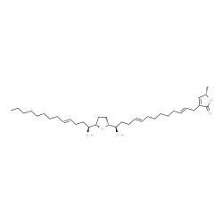 ChemSpider 2D Image | (5S)-3-[(2E,9E,13R)-13-Hydroxy-13-{(2R,5S)-5-[(1S,4E)-1-hydroxy-4-tridecen-1-yl]tetrahydro-2-furanyl}-2,9-tridecadien-1-yl]-5-methyl-2(5H)-furanone | C35H58O5