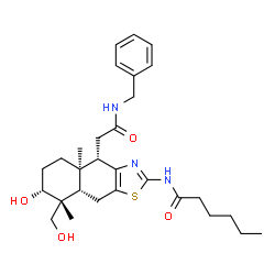 ChemSpider 2D Image | N-[(4S,4aR,7R,8R,8aS)-4-[2-(Benzylamino)-2-oxoethyl]-7-hydroxy-8-(hydroxymethyl)-4a,8-dimethyl-4,4a,5,6,7,8,8a,9-octahydronaphtho[2,3-d][1,3]thiazol-2-yl]hexanamide | C29H41N3O4S