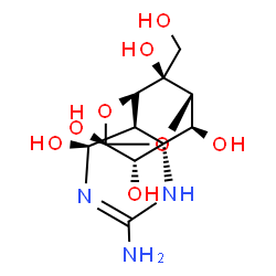 ChemSpider 2D Image | (1R,5S,6R,7R,9S,11S,12S,13S,14R)-3-Amino-14-(hydroxymethyl)-8,10-dioxa-2,4-diazatetracyclo[7.3.1.1~7,11~.0~1,6~]tetradec-3-ene-5,9,12,13,14-pentol | C11H17N3O8