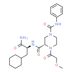 ChemSpider 2D Image | (3S)-N~3~-[(2S)-1-Amino-3-cyclohexyl-1-oxo-2-propanyl]-4-(methoxyacetyl)-N~1~-phenyl-1,3-piperazinedicarboxamide | C24H35N5O5