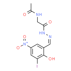 ChemSpider 2D Image | N-{2-[(2Z)-2-(2-Hydroxy-3-iodo-5-nitrobenzylidene)hydrazino]-2-oxoethyl}acetamide (non-preferred name) | C11H11IN4O5