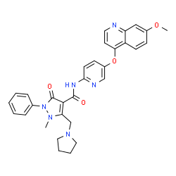 ChemSpider 2D Image | N-{5-[(7-Methoxy-4-quinolinyl)oxy]-2-pyridinyl}-1-methyl-3-oxo-2-phenyl-5-(1-pyrrolidinylmethyl)-2,3-dihydro-1H-pyrazole-4-carboxamide | C31H30N6O4
