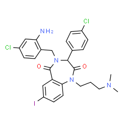 ChemSpider 2D Image | 4-(2-Amino-4-chlorobenzyl)-3-(4-chlorophenyl)-1-[3-(dimethylamino)propyl]-7-iodo-3,4-dihydro-1H-1,4-benzodiazepine-2,5-dione | C27H27Cl2IN4O2