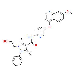 ChemSpider 2D Image | 1-(2-Hydroxyethyl)-N-{5-[(7-methoxy-4-quinolinyl)oxy]-2-pyridinyl}-5-methyl-3-oxo-2-phenyl-2,3-dihydro-1H-pyrazole-4-carboxamide | C28H25N5O5