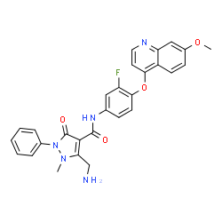 ChemSpider 2D Image | 5-(Aminomethyl)-N-{3-fluoro-4-[(7-methoxy-4-quinolinyl)oxy]phenyl}-1-methyl-3-oxo-2-phenyl-2,3-dihydro-1H-pyrazole-4-carboxamide | C28H24FN5O4