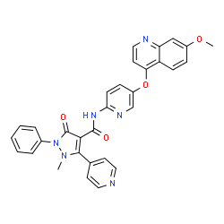 ChemSpider 2D Image | N-{5-[(7-Methoxy-4-quinolinyl)oxy]-2-pyridinyl}-1-methyl-3-oxo-2-phenyl-5-(4-pyridinyl)-2,3-dihydro-1H-pyrazole-4-carboxamide | C31H24N6O4