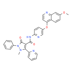 ChemSpider 2D Image | N-{5-[(7-Methoxy-4-quinolinyl)oxy]-2-pyridinyl}-1-methyl-3-oxo-2-phenyl-5-(2-pyridinyl)-2,3-dihydro-1H-pyrazole-4-carboxamide | C31H24N6O4