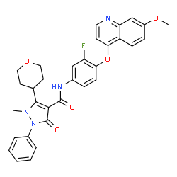 ChemSpider 2D Image | N-{3-Fluoro-4-[(7-methoxy-4-quinolinyl)oxy]phenyl}-1-methyl-3-oxo-2-phenyl-5-(tetrahydro-2H-pyran-4-yl)-2,3-dihydro-1H-pyrazole-4-carboxamide | C32H29FN4O5