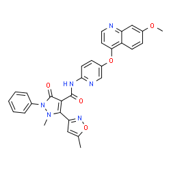 ChemSpider 2D Image | N-{5-[(7-Methoxy-4-quinolinyl)oxy]-2-pyridinyl}-1-methyl-5-(5-methyl-1,2-oxazol-3-yl)-3-oxo-2-phenyl-2,3-dihydro-1H-pyrazole-4-carboxamide | C30H24N6O5