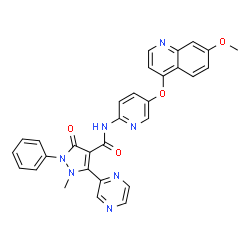 ChemSpider 2D Image | N-{5-[(7-Methoxy-4-quinolinyl)oxy]-2-pyridinyl}-1-methyl-3-oxo-2-phenyl-5-(2-pyrazinyl)-2,3-dihydro-1H-pyrazole-4-carboxamide | C30H23N7O4