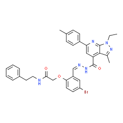 ChemSpider 2D Image | 2-{4-Bromo-2-[(Z)-({[1-ethyl-3-methyl-6-(4-methylphenyl)-1H-pyrazolo[3,4-b]pyridin-4-yl]carbonyl}hydrazono)methyl]phenoxy}-N-(2-phenylethyl)acetamide | C34H33BrN6O3