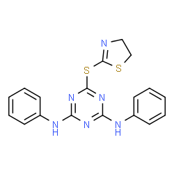 ChemSpider 2D Image | 6-(4,5-Dihydro-1,3-thiazol-2-ylsulfanyl)-N,N'-diphenyl-1,3,5-triazine-2,4-diamine | C18H16N6S2