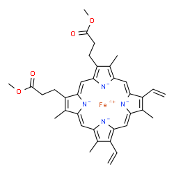 ChemSpider 2D Image | Iron(4+) 2,18-bis(3-methoxy-3-oxopropyl)-3,7,12,17-tetramethyl-8,13-divinylporphine-21,22,23,24-tetraide | C36H36FeN4O4