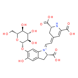ChemSpider 2D Image | (1E,2S)-2-Carboxy-1-{(2E)-2-[(2R)-2,6-dicarboxy-2,3-dihydro-4(1H)-pyridinylidene]ethylidene}-5-hydroxy-2,3-dihydro-1H-indolium-6-yl beta-D-glucopyranoside | C24H27N2O13
