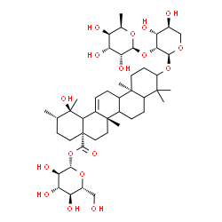 ChemSpider 2D Image | 1-O-{[(1R,2S,4aS,6aS,12aR)-10-{[2-O-(6-Deoxy-beta-D-gulopyranosyl)-alpha-L-lyxopyranosyl]oxy}-1-hydroxy-1,2,6a,9,9,12a-hexamethyl-1,3,4,5,6,6a,6b,7,8,8a,9,10,11,12,12a,12b,13,14b-octadecahydro-4a(2H)-
picenyl]carbonyl}-beta-D-glucopyranose | C46H74O17