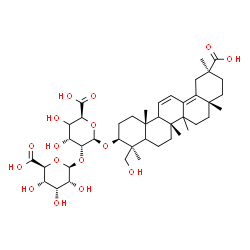 ChemSpider 2D Image | (3beta,5xi,9xi,14xi)-24,30-Dihydroxy-30-oxooleana-11,13(18)-dien-3-yl (4xi)-2-O-beta-D-allopyranuronosyl-beta-D-ribo-hexopyranosiduronic acid | C42H62O16