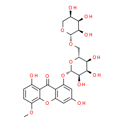 ChemSpider 2D Image | 3,8-Dihydroxy-5-methoxy-9-oxo-9H-xanthen-1-yl 6-O-beta-D-ribopyranosyl-beta-D-allopyranoside | C25H28O15